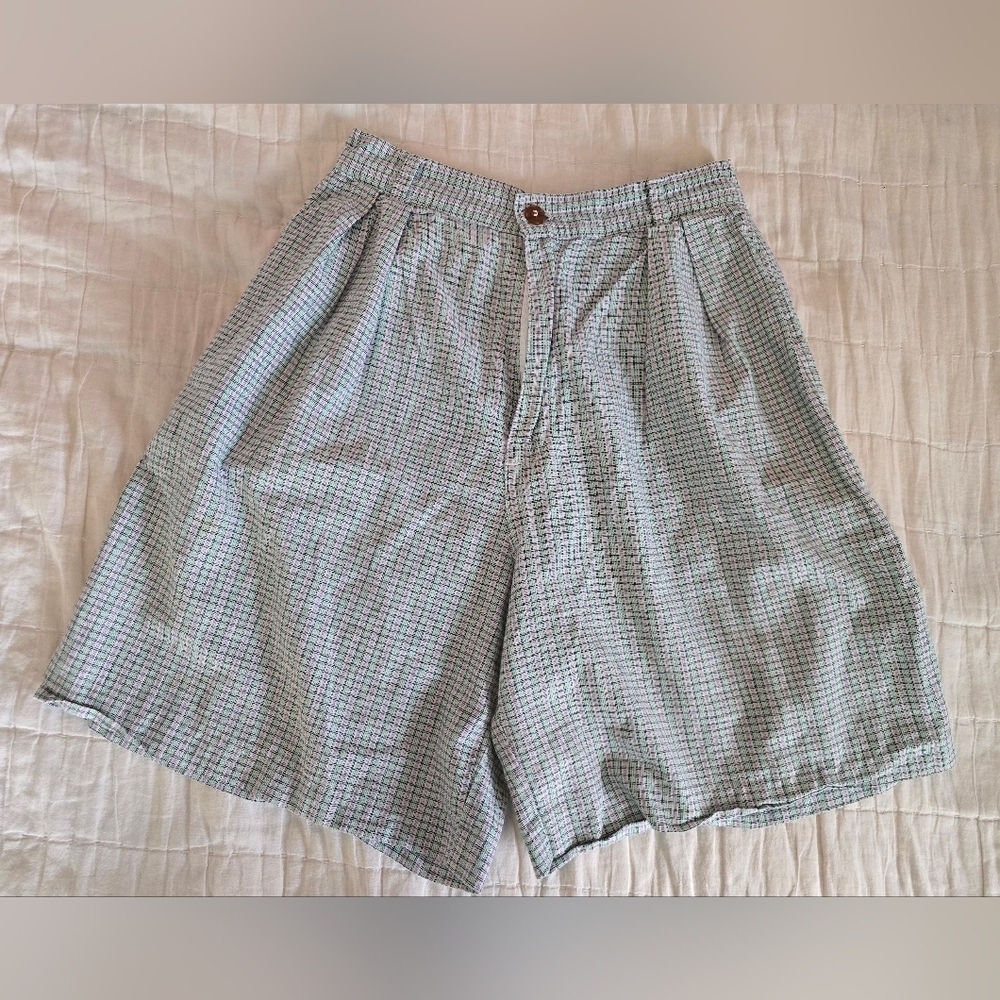 Vtg 90s Memphis Pleated Purple And Blue Plaid High-Waisted Shorts Size 9